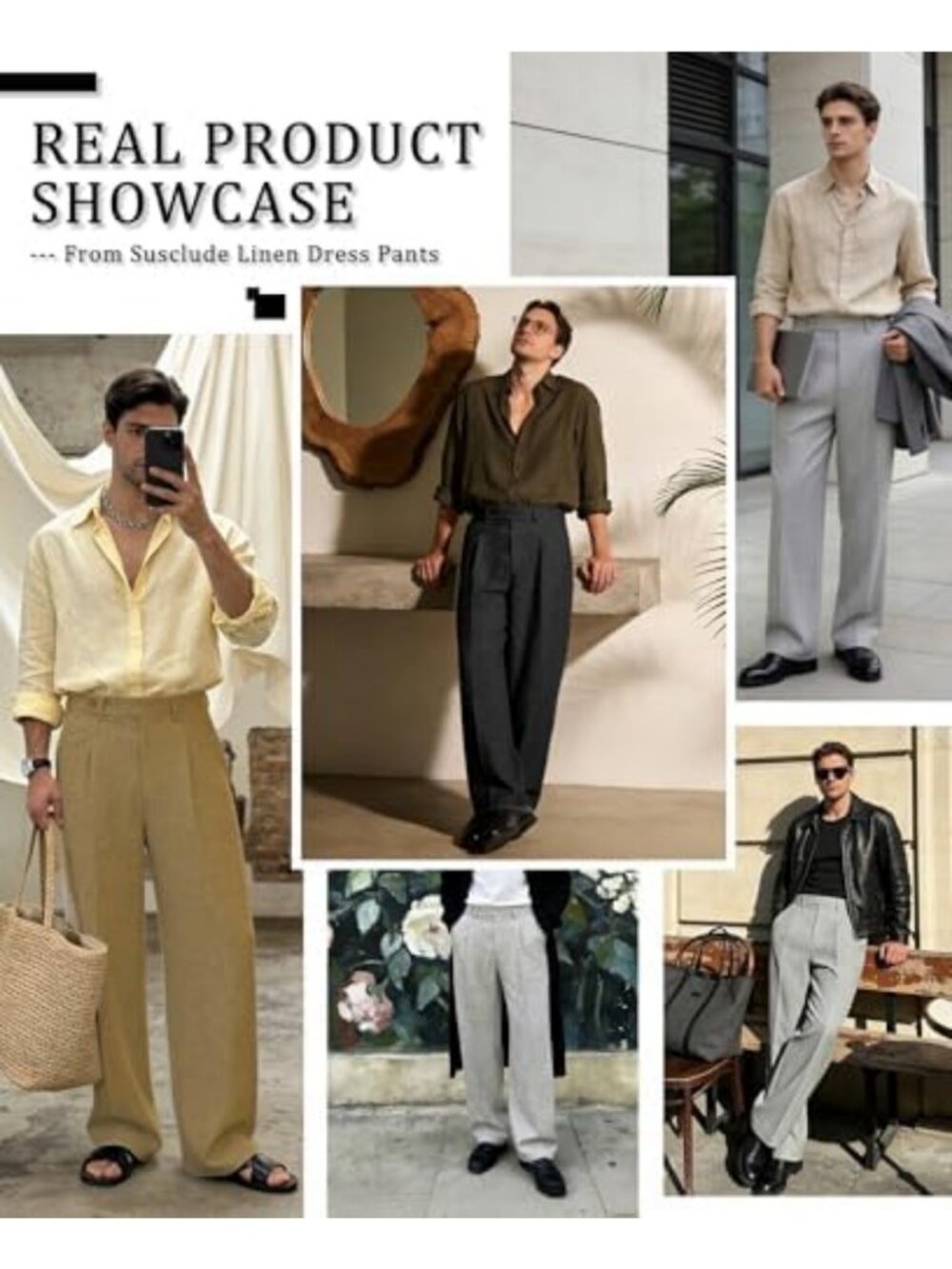 Men's Lightweight Linen Wide Leg Dress Pants - Baggy Pleated Relaxed Fit - Picture 5 of 6